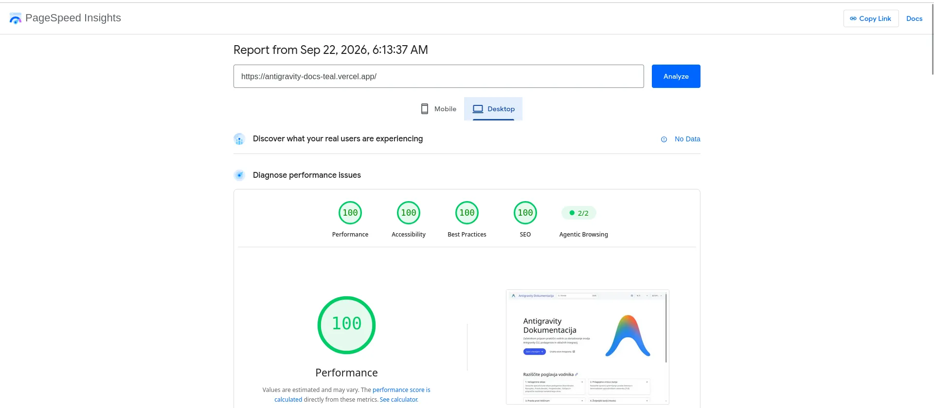 Google PageSpeed Insights popolna ocena 100 na Antigravity Docs